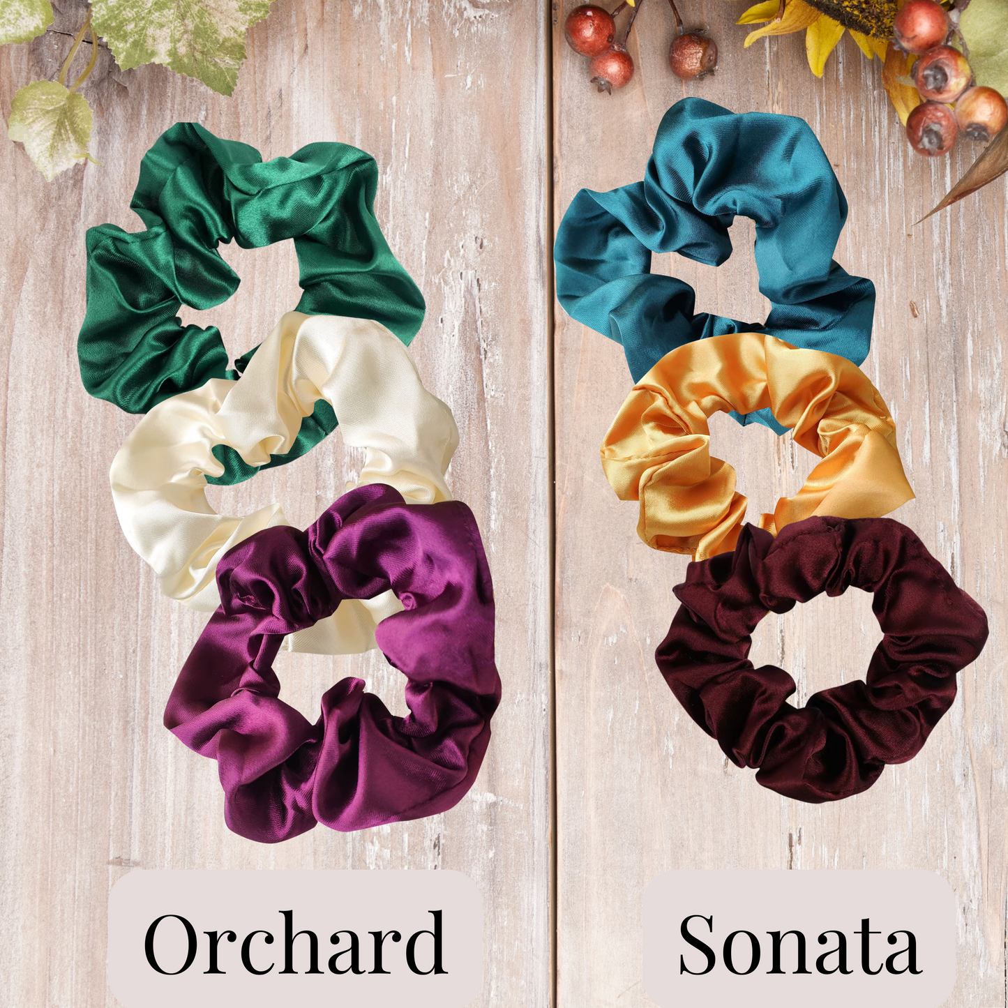 Handmade satin scrunchies in vibrant color sets. Orchard (Emerald, beige, eggplant) and Sonata ( teal, honey, bordeaux).