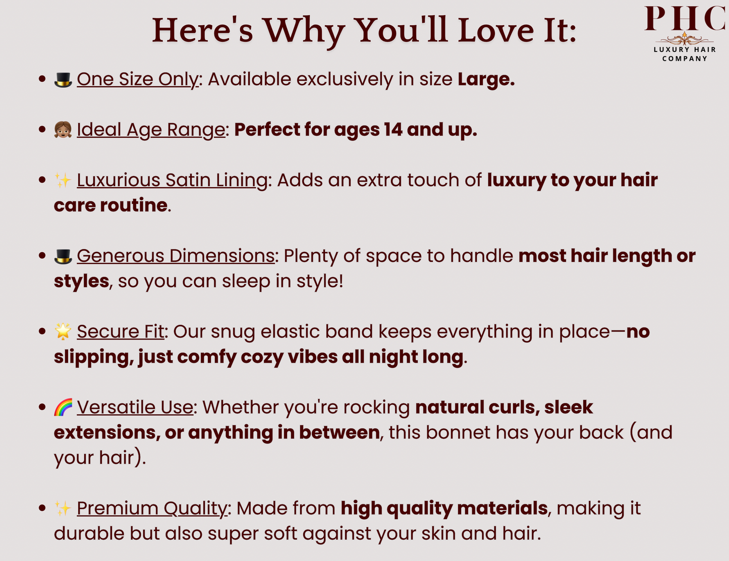 Illustration detailing the benefits of purchasing a Prince Hair Company (PHC) satin hair bonnet. 