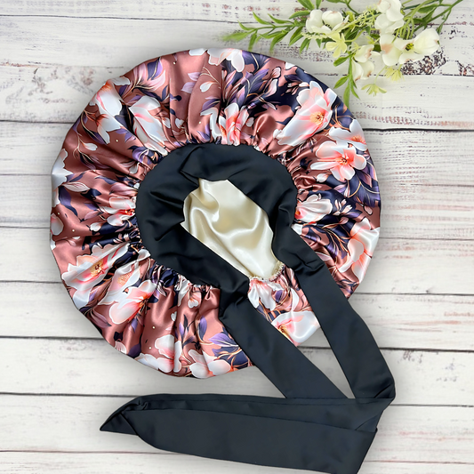 Beautiful brown magnolia flower bonnet with a silky satin gold lining with long black stretch ties on a wooden background.