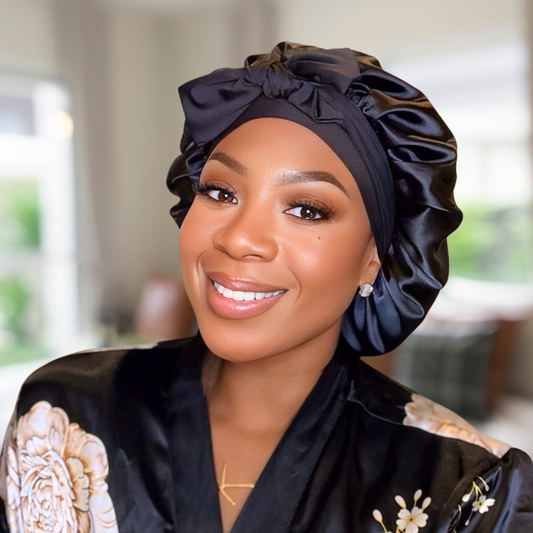 Black Satin-Lined Stretch Tie Bonnet