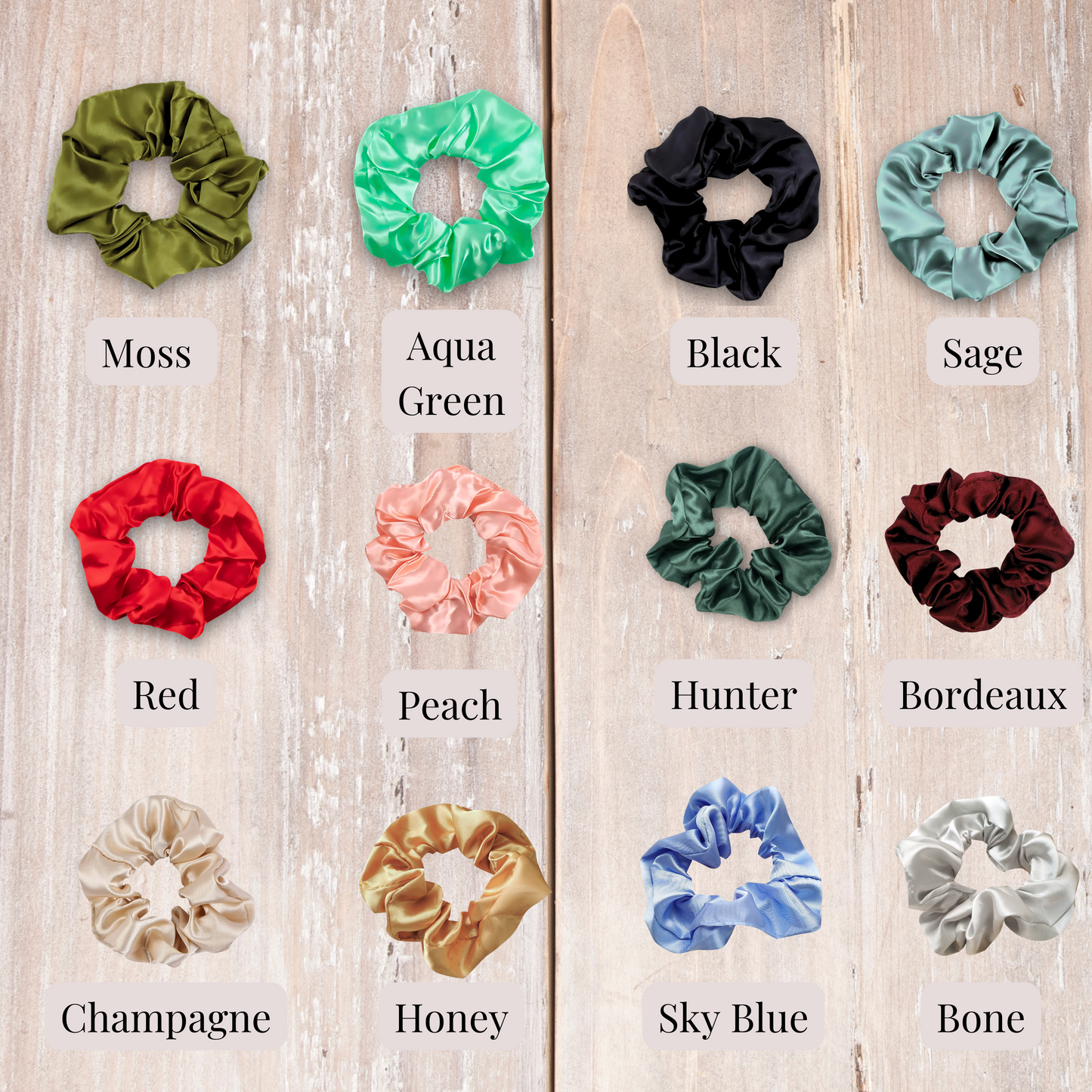 Handmade satin scrunchies in vibrant colors, moss, aqua green, black, sage, red, peach, hunter green, bordeaux, champagne, honey, sky blue, and bone.