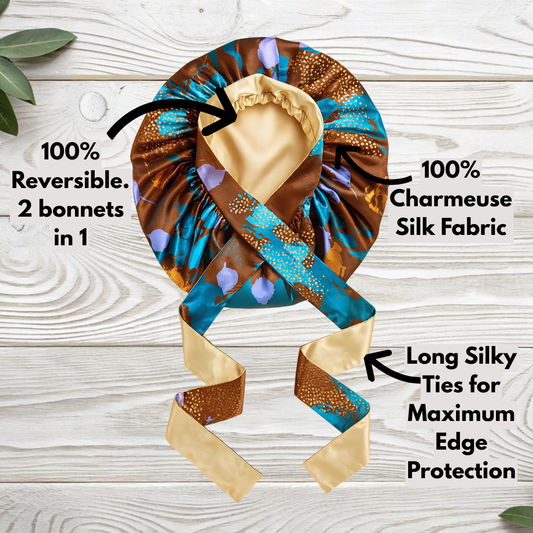 Reversible charmeuse brown Ankara print silk bonnet with text highlighting features on a wooden background