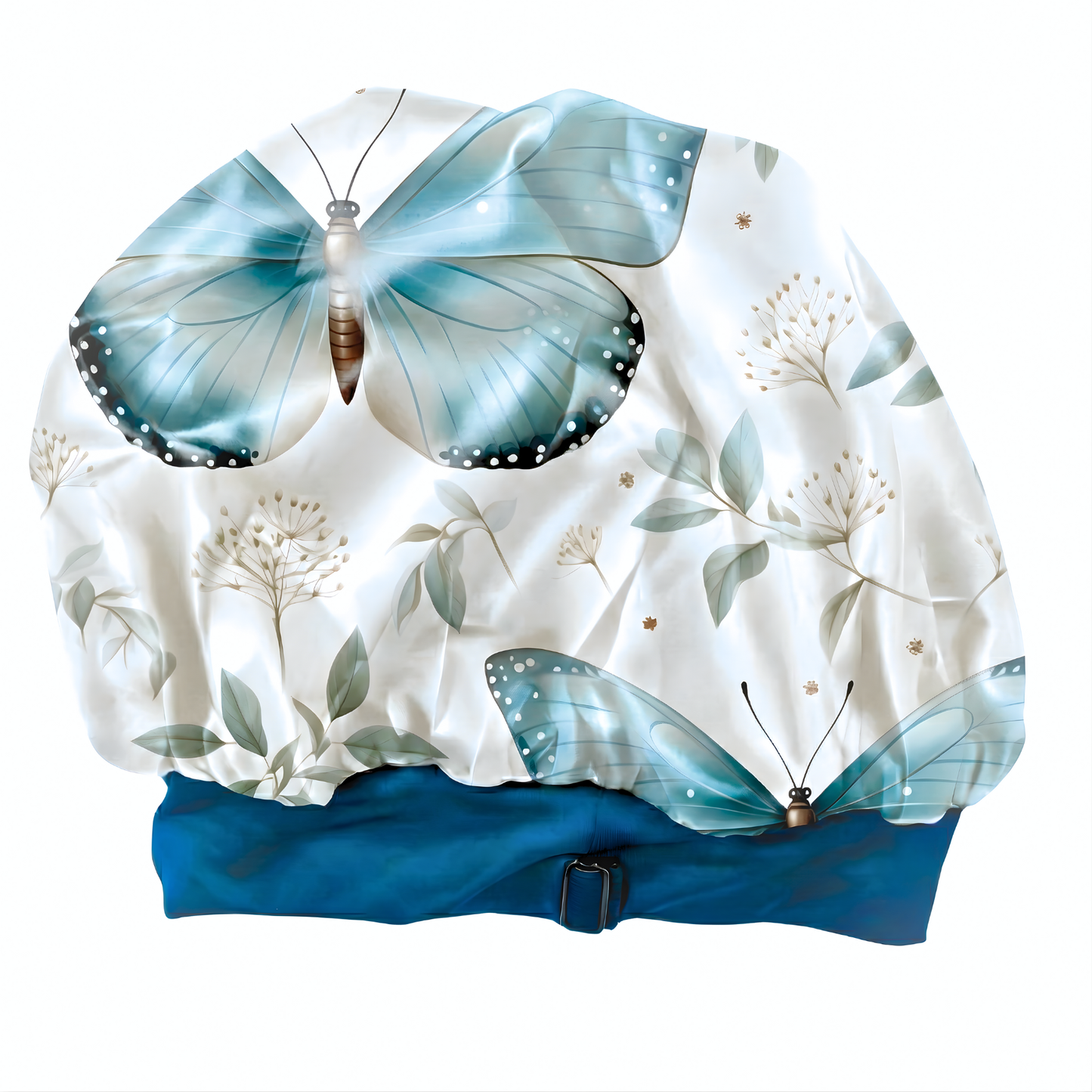 Product display of a Charmeuse silk satin sleep cap with a blue butterfly and floral design, shown on a clean white background to highlight the smooth fabric, vibrant print, and protective satin bonnet style for curly, natural, and textured hair.