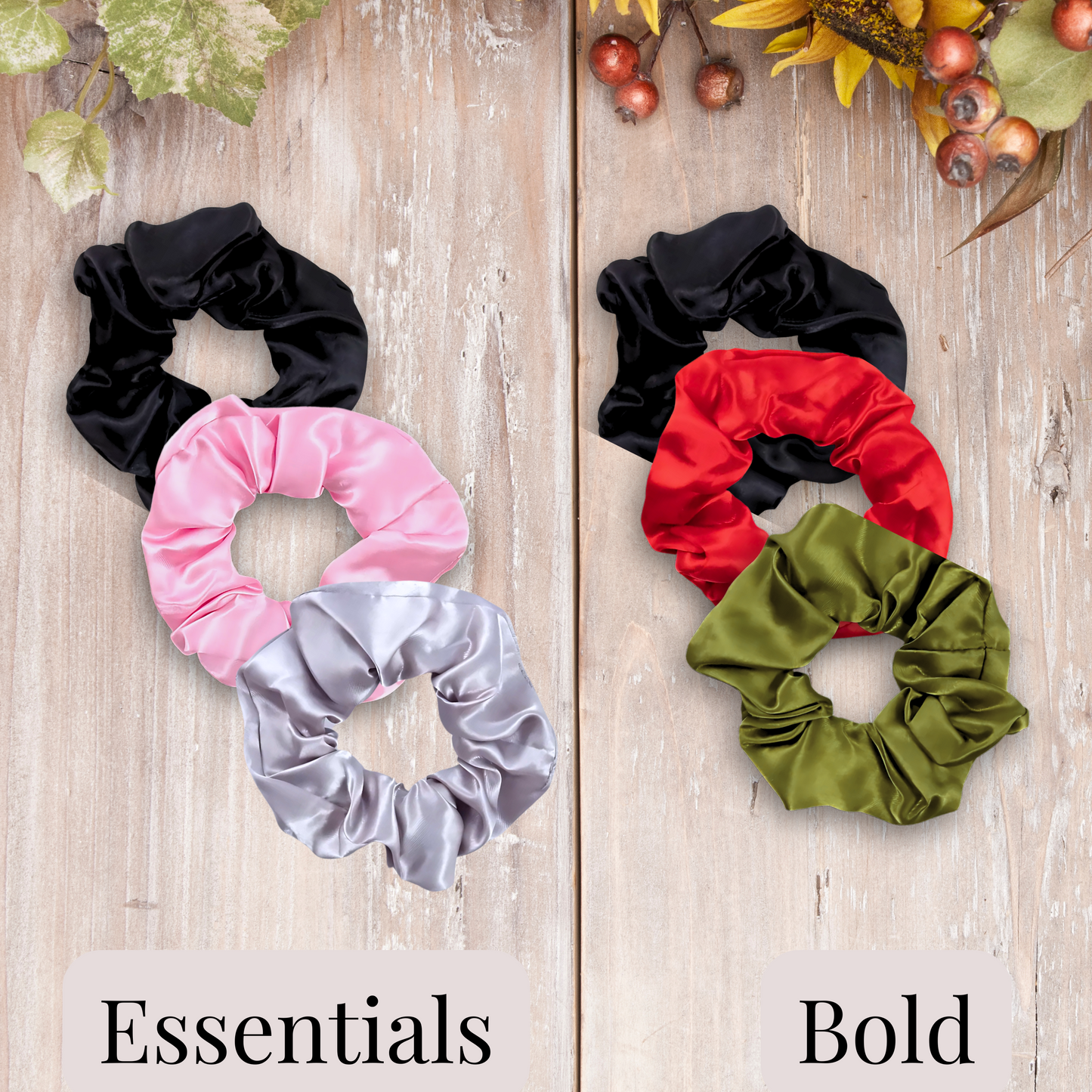 Handmade satin scrunchies in vibrant color sets. Essential set (black, pink and silver), and Bold set (black, red and Moss green).
