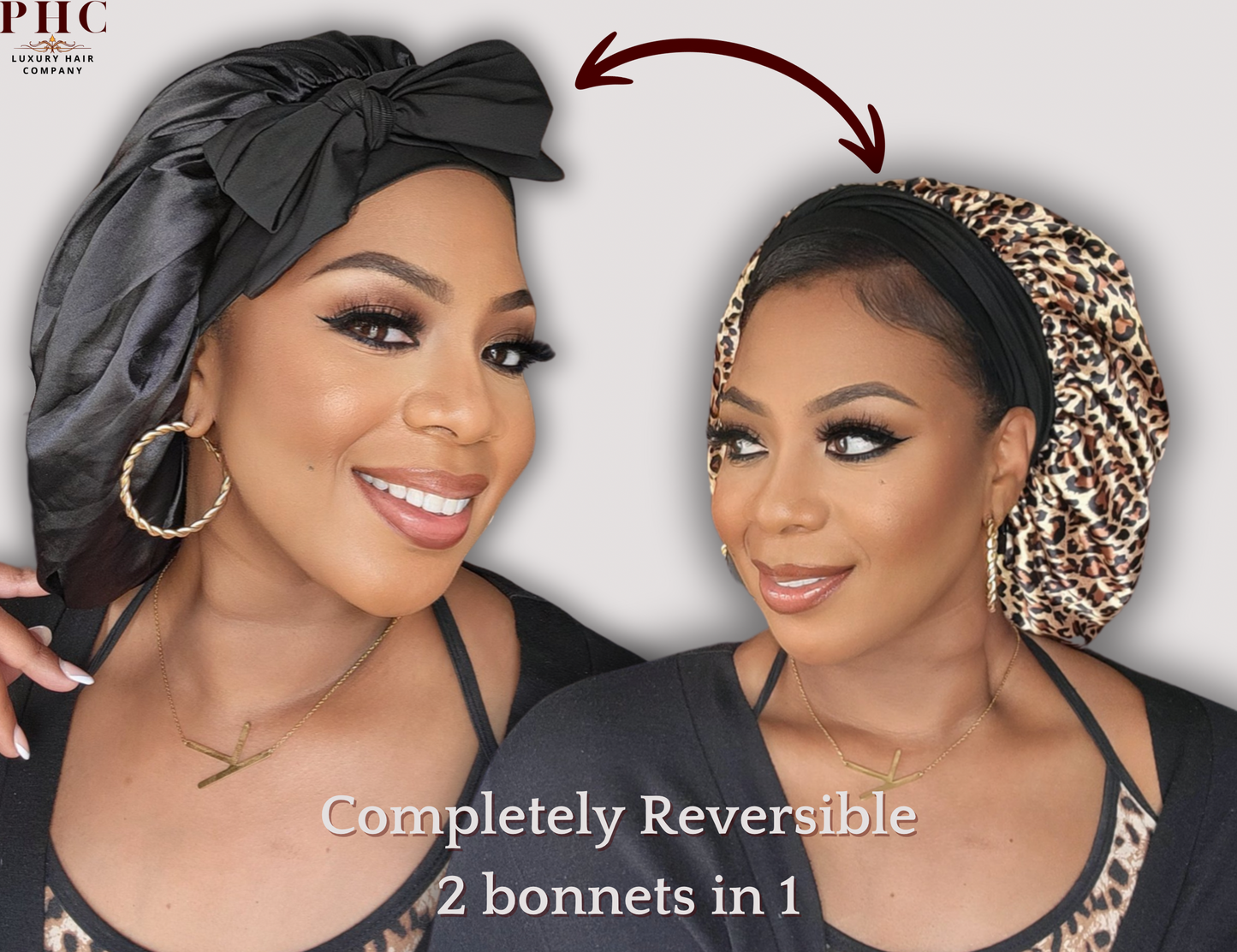 Beautiful African-American woman wearing a leopard print satin bonnet with black satin lining.
