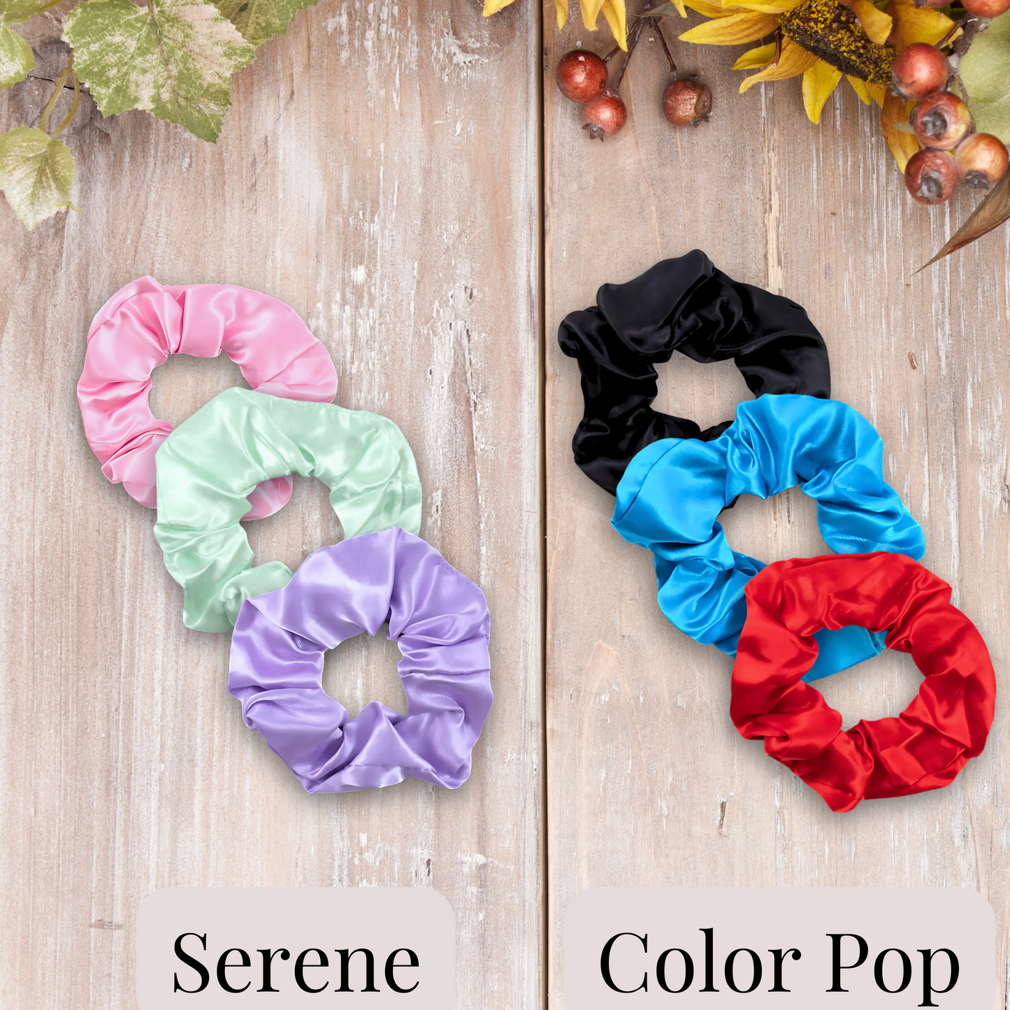 Handmade satin scrunchies in vibrant color sets. Serene Set (pink, aqua and lavender) and Color Pop ( black, blue and red).