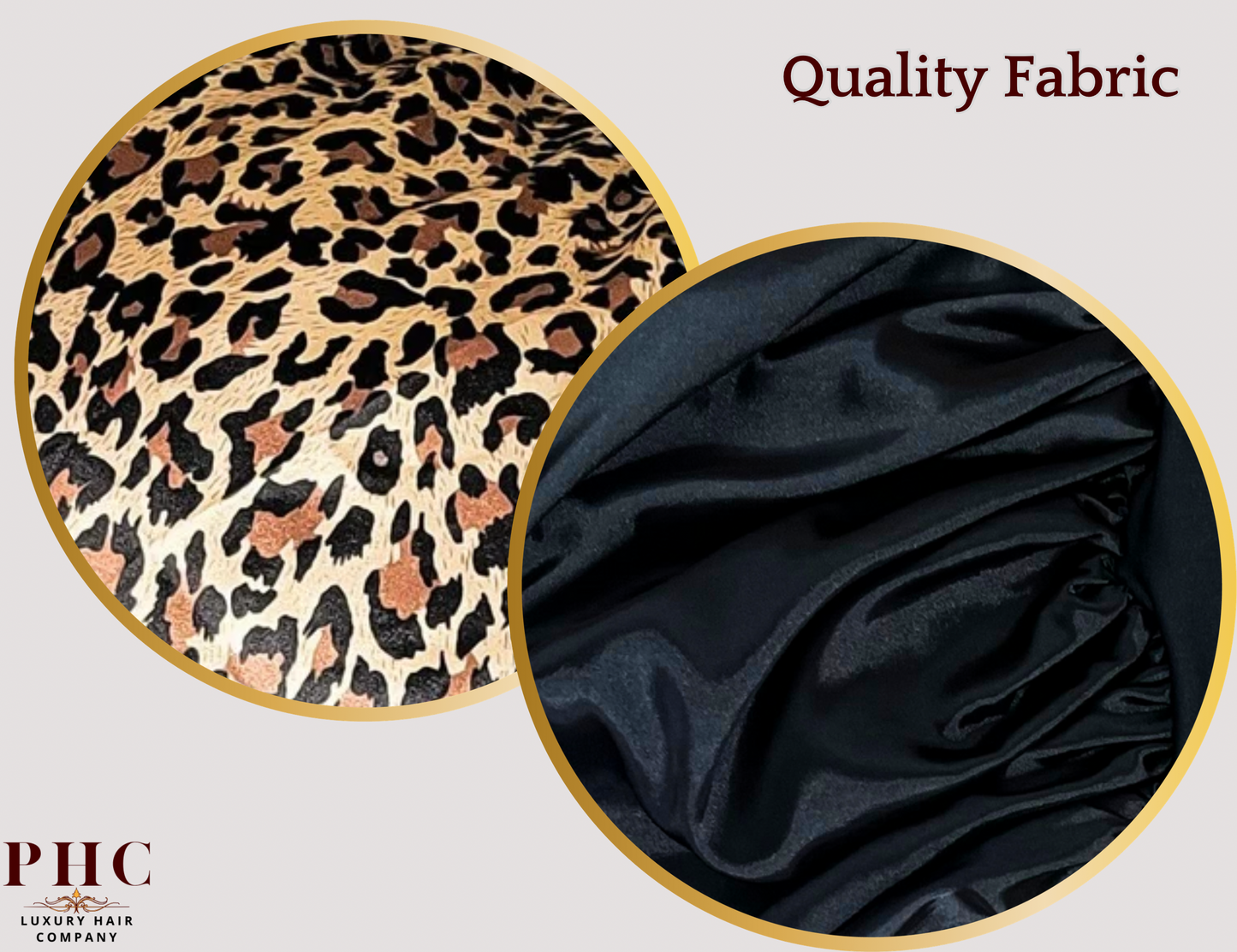 Close-up images of leopard/cheetah print fabric and black charmeuse fabric