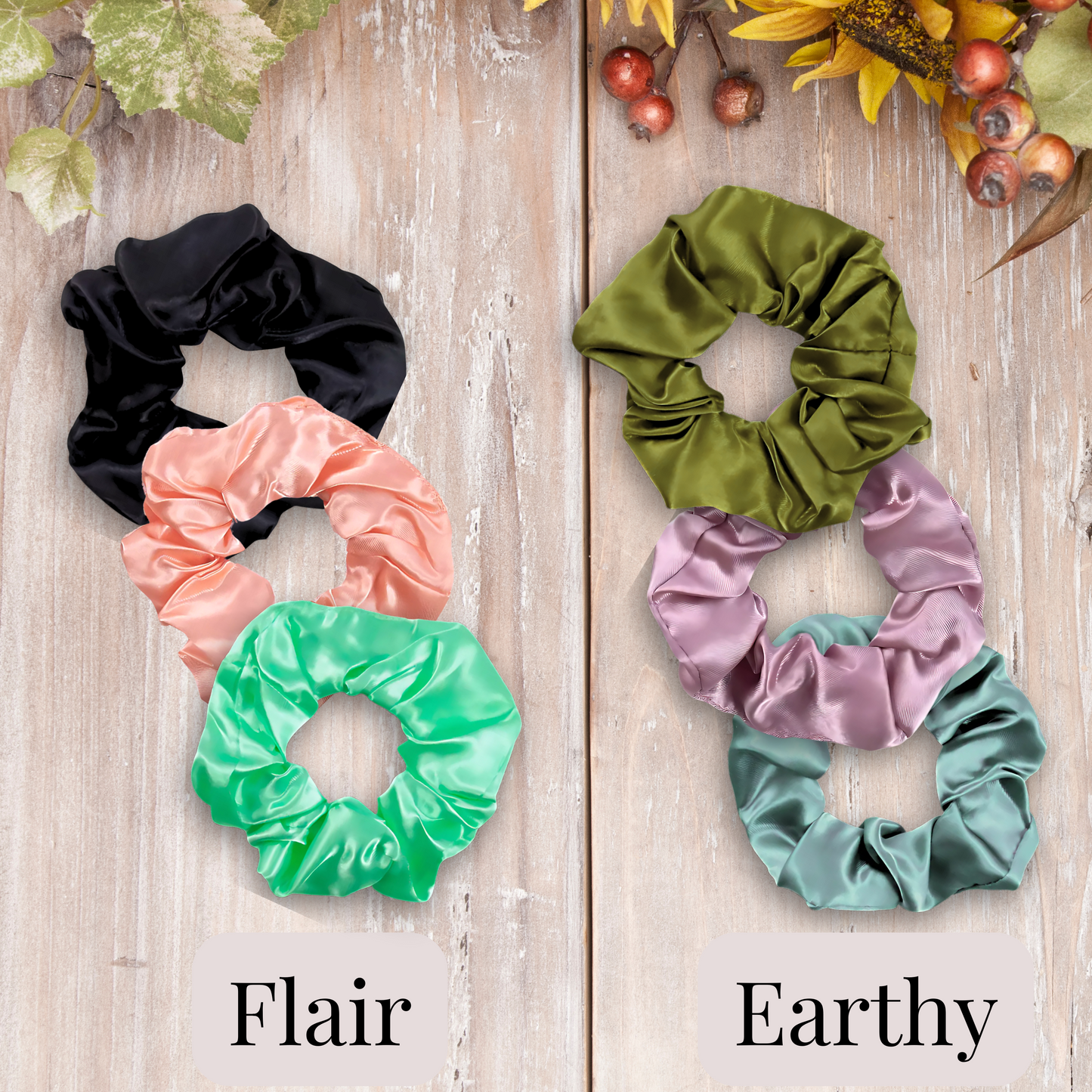 Handmade satin scrunchies in vibrant color sets. Flair Set (black, peach and aqua green) and Earthy ( Moss green, Mauve and Sage).