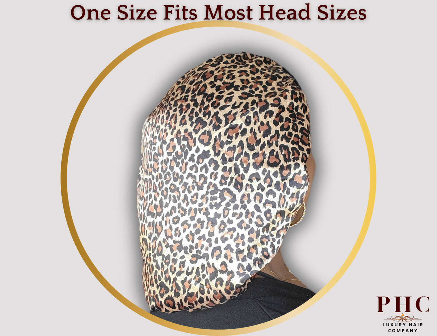 Close up image of a leopard/cheetah print satin hair bonnet 