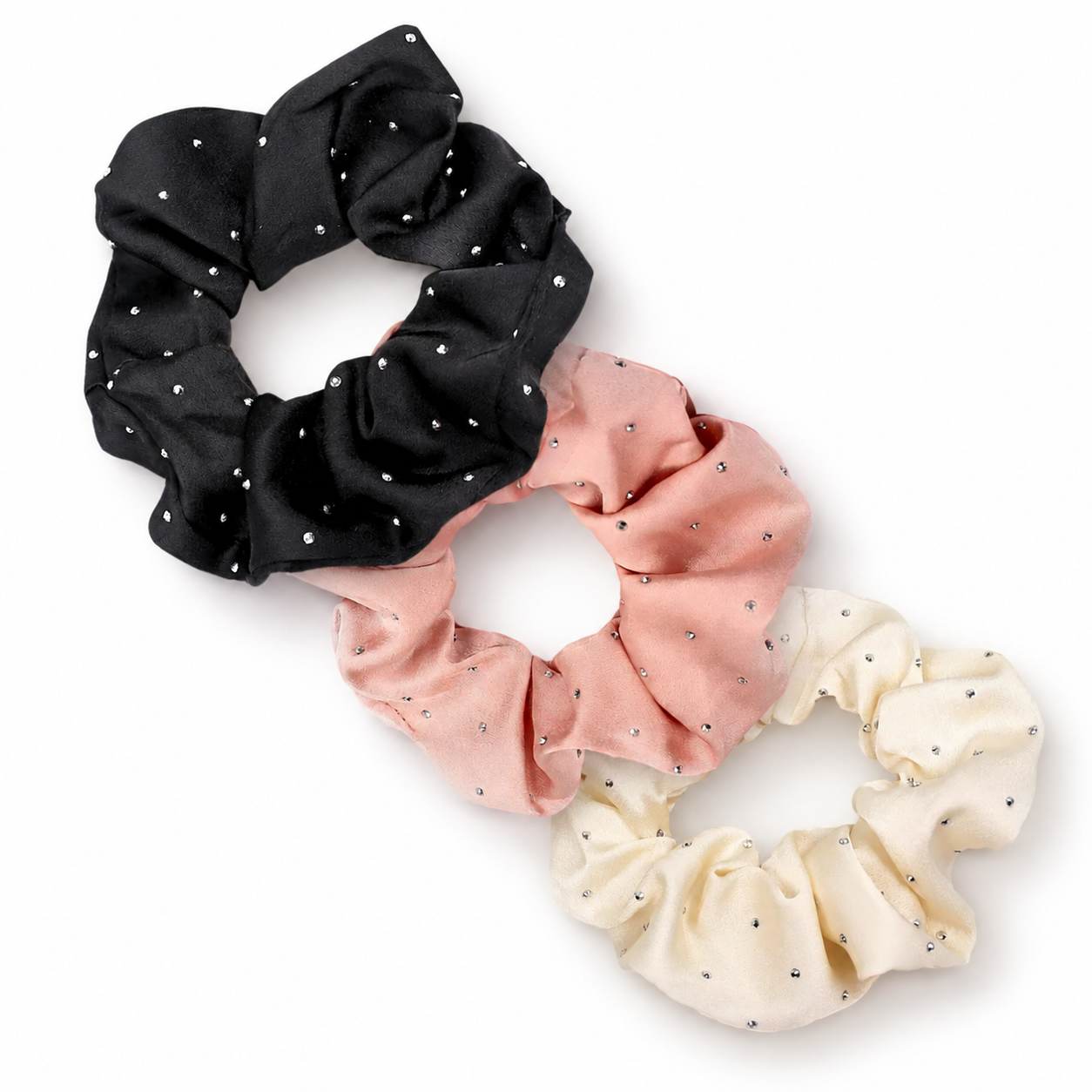 Classic rhinestone satin scrunchie set in black, blush pink and cream