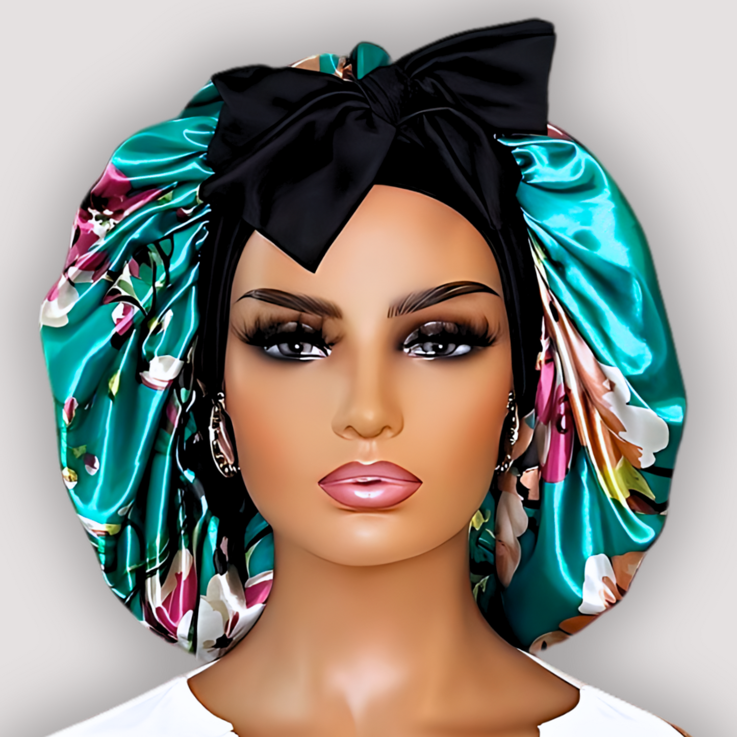 Teal Flowers Satin Lined STRETCH Tie Bonnet