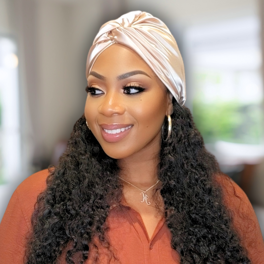 all satin turban beanie, twisted knot satin headwrap, satin hair protection, satin beanie for natural hair, satin-lined headwrap, protective hair turban, stylish satin beanie, satin headscarf for women, chic hair accessories, satin hair wrap for sleeping