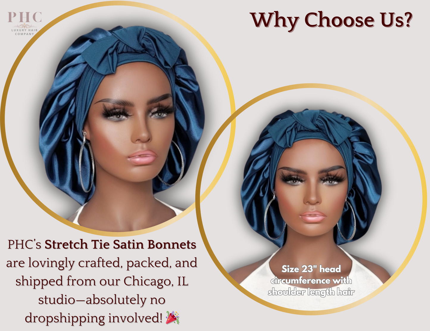 Beautiful African-American mannequin wearing a midnight blue satin hair bonnet on a gray background.