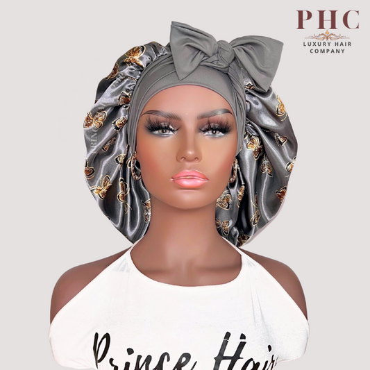 CLEARANCE - Gray Butterflies Satin Lined Stretch Tie Bonnet