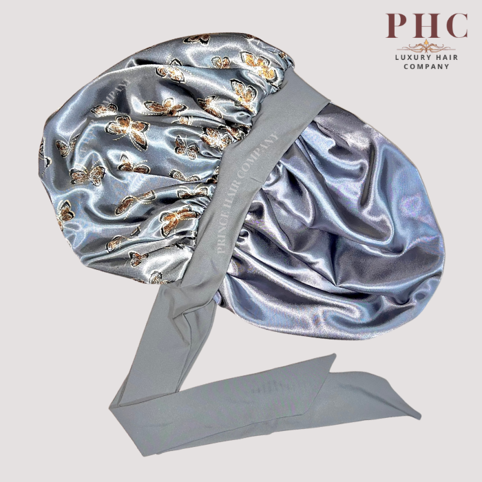 CLEARANCE - Gray Butterflies Satin Lined Stretch Tie Bonnet