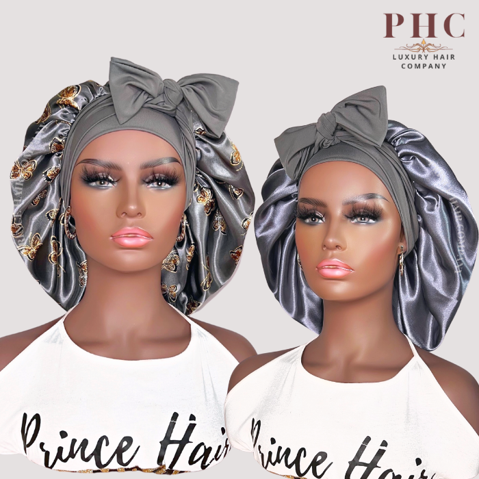CLEARANCE - Gray Butterflies Satin Lined Stretch Tie Bonnet