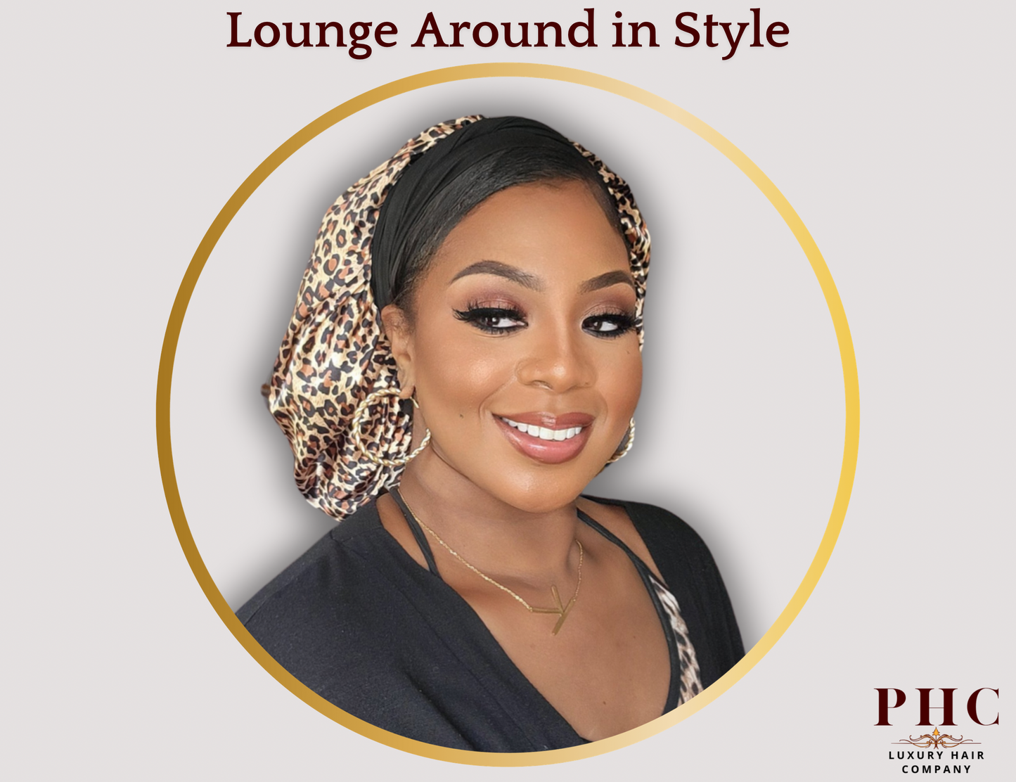 Beautiful African-American woman wearing a leopard print satin bonnet with black satin lining.