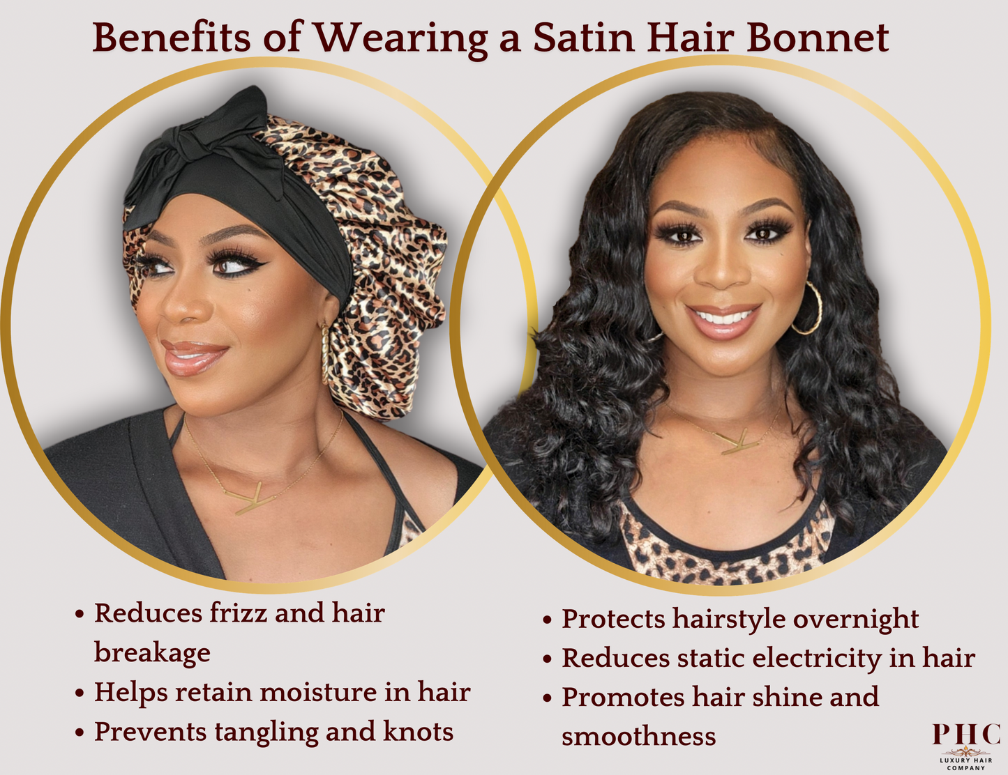 Illustration of an African-American woman wearing a leopard print satin bonnet with black satin lining explaining the benefits of wearing a satin hair bonnet.