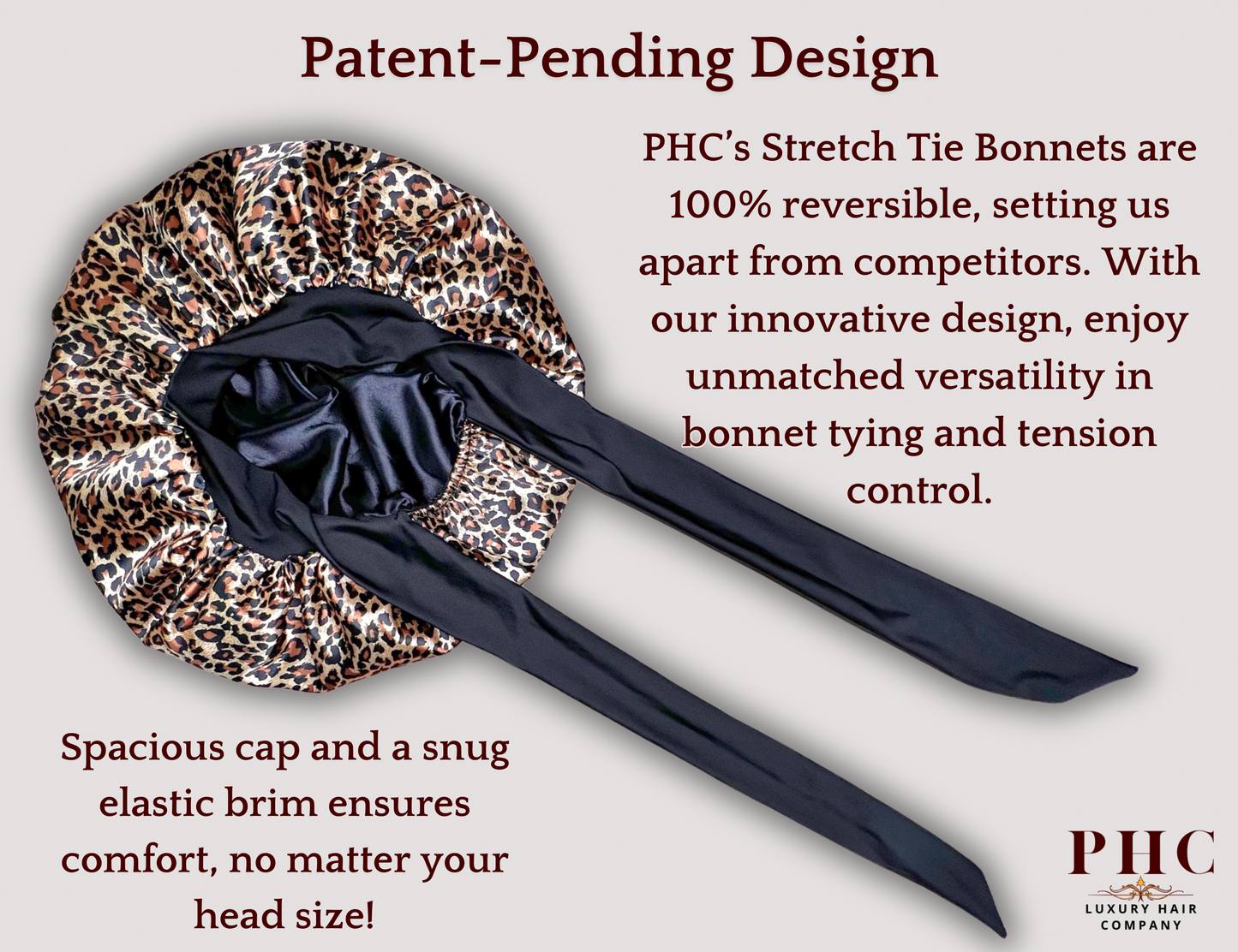 Illustration of leopard and black stretch tie bonnet Patent-pending design 