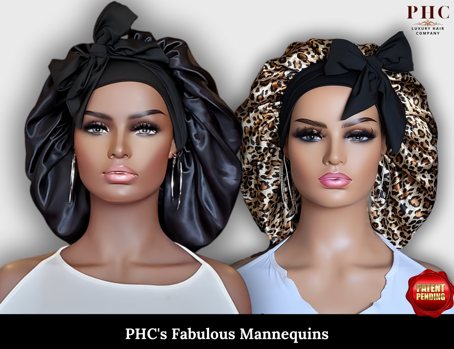 Beautiful image of an African-American and Caucasian mannequin wearing a leopard/cheetah print bonnet with black lining. 