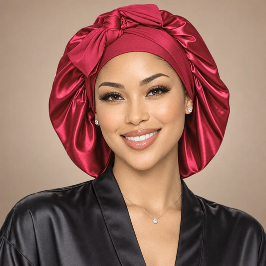 A woman wearing a shiny dark red satin turban headwrap and a black satin robe, set against a solid beige background.
