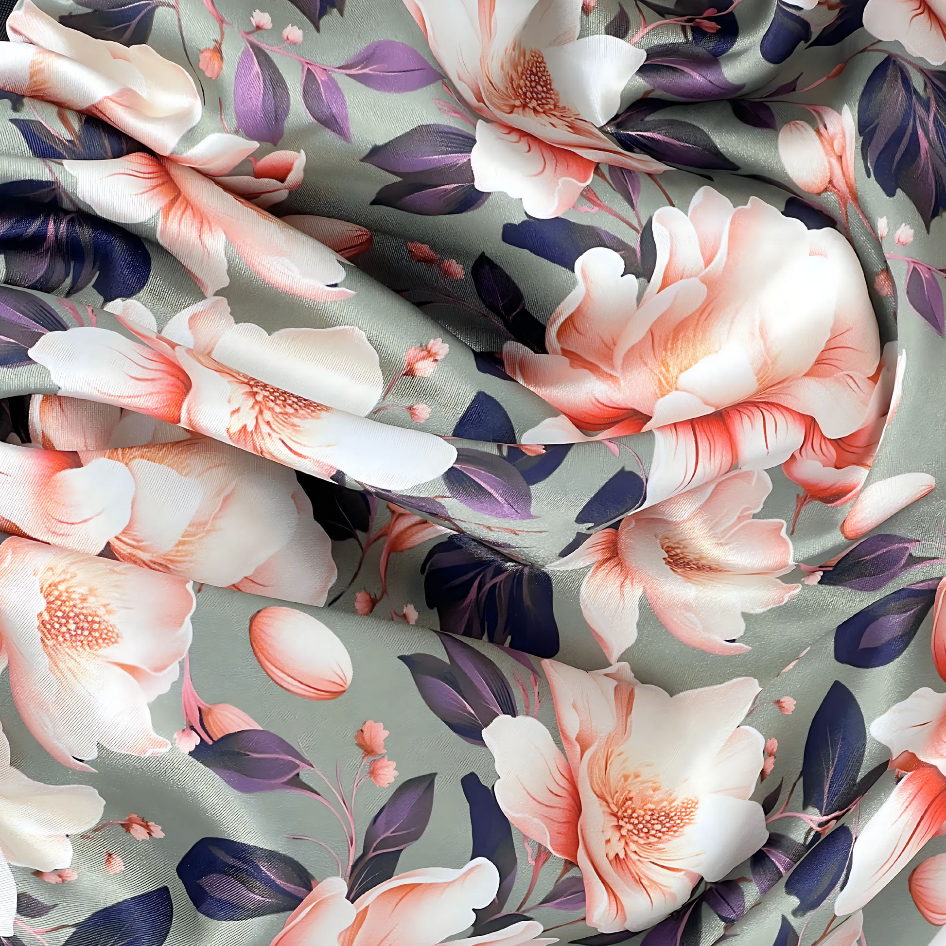 Elegant olive colored satin bonnet with a floral print, featuring a black stretch tie band for a secure and stylish fit, displayed on a wooden background.