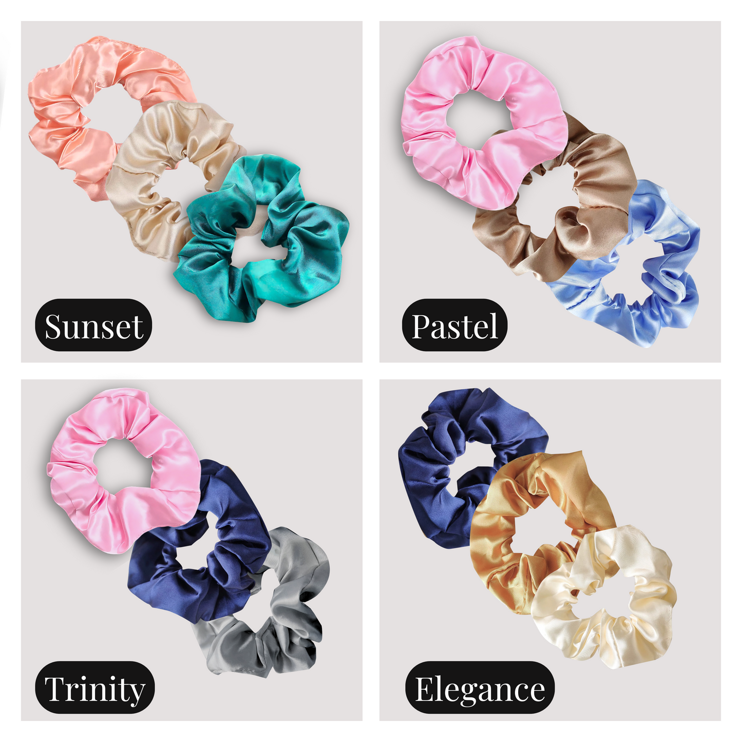 "Sunset" 3 piece handmade satin scrunchie set which includes a peach, champagne and teal small scrunchie. "Pastel" 3 piece handmade satin scrunchie set: pink, latte and sky blue. "Trinity" 3 piece scrunchie set in pink, navy blue and graphite silver. "Elegance" 3 piece scrunchie set in navy blue, gold and beige.