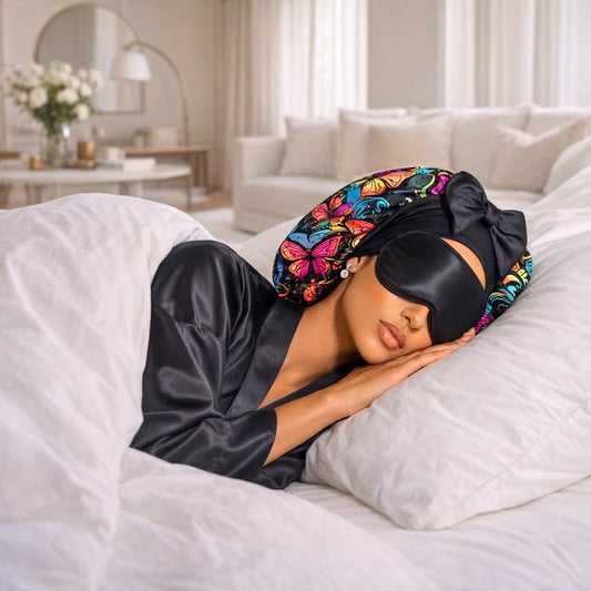 Butterfly Print Silk Infused Satin Bonnet Gift Set with Black Sleep Mask & Scrunchie - PHC