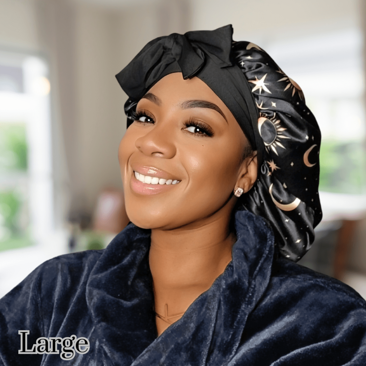 Charmeuse Silk Satin Bonnet with Adjustable Stretch Ties for All Hair Types | Comfortable Cosmic Celestial Print Satin Sleep Cap for Natural, Curly, Coily, Wavy, and Straight Hair - PHC