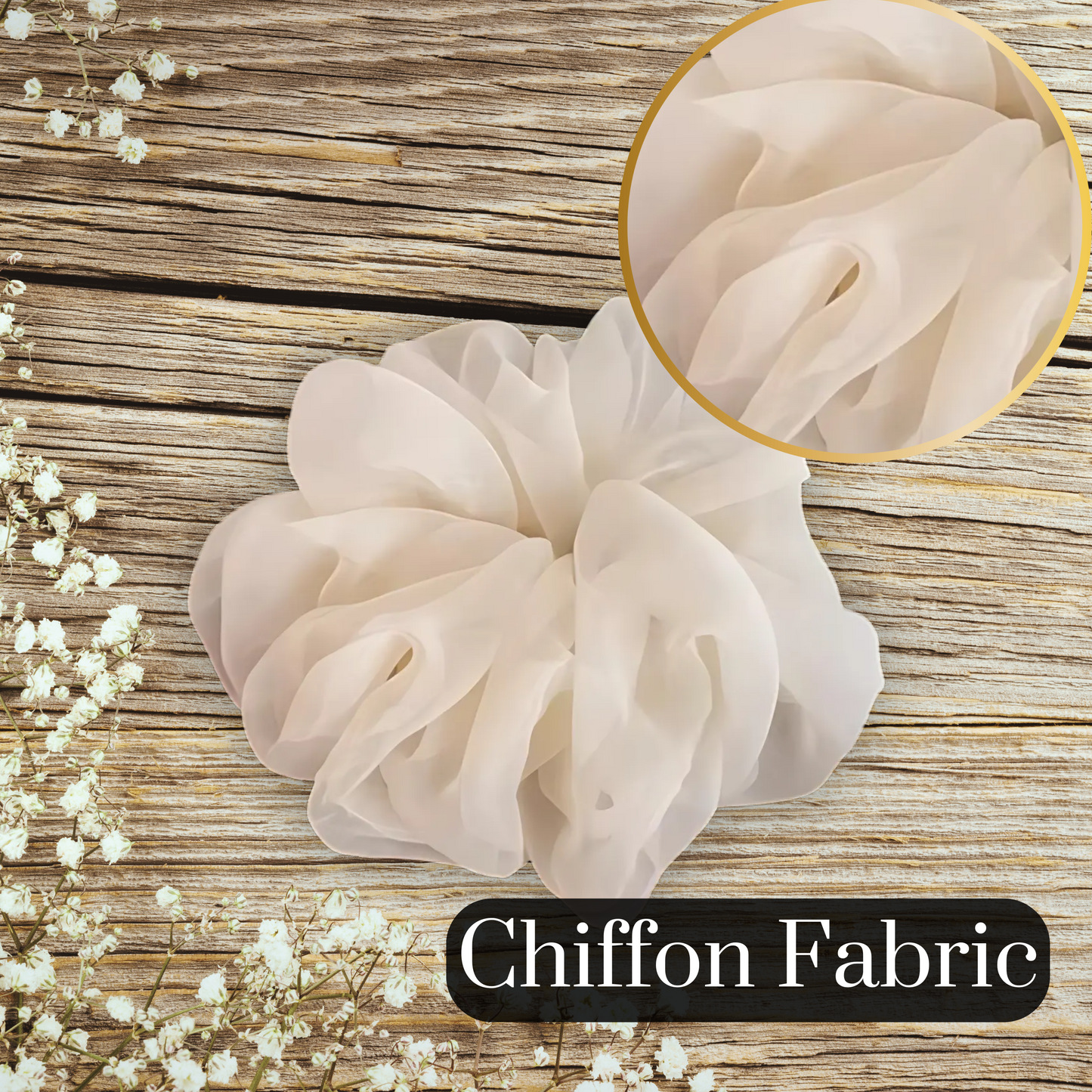close up view of a chiffon scrunchie in beige on a large wood table measuring 16 cm in diameter