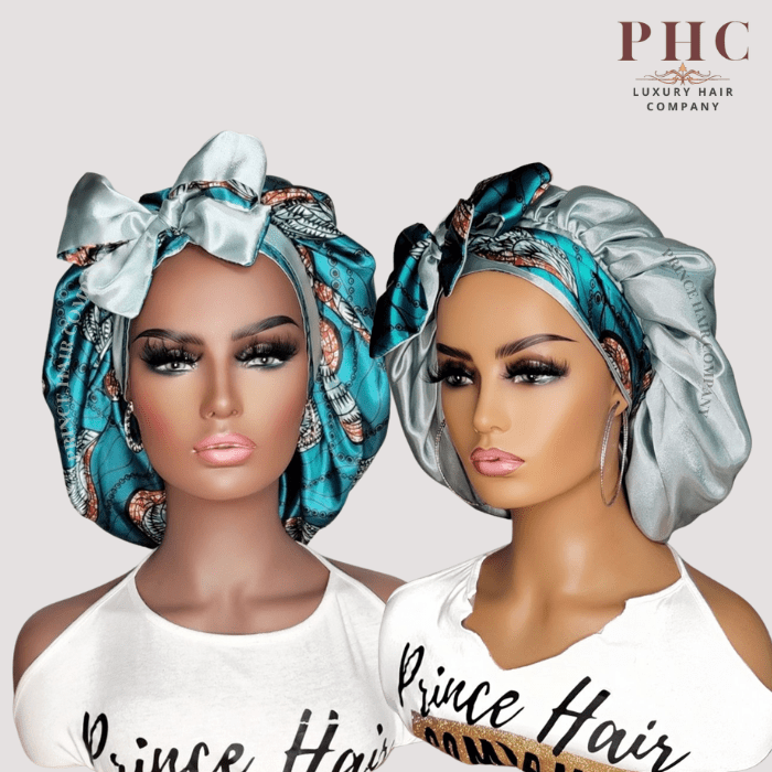 CLEARANCE - Mint & Teal Ankara Print All Satin Reversible Bonnet - PHC