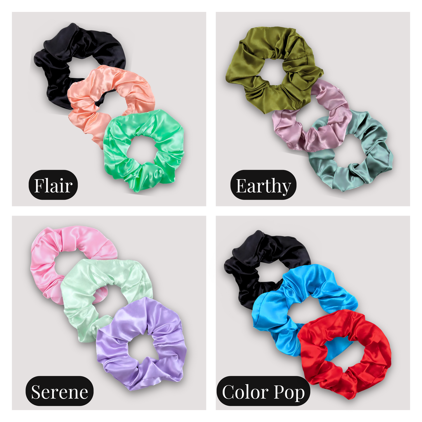 Handmade Satin Scrunchie 3 piece sets in Flair, Earthy, Serene and Color Pop.