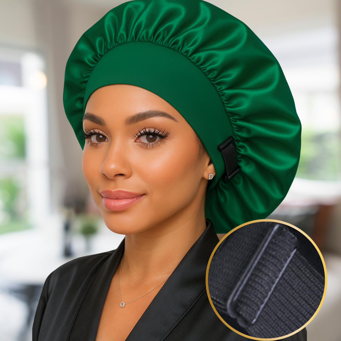 Woman wearing a green satin bonnet with a close-up of the fabric texture.
