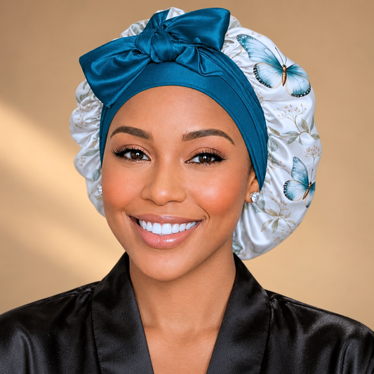 A smiling woman wearing a satin bonnet with a large teal bow and white side panels printed with blue butterflies, paired with a black satin robe against a warm beige background.