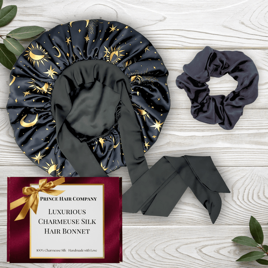 Gift Wrapped Silk Satin Sleep Bonnet & Scrunchie Set | Charmeuse Print | Adjustable Stretch Tie | Handmade in USA - PHC