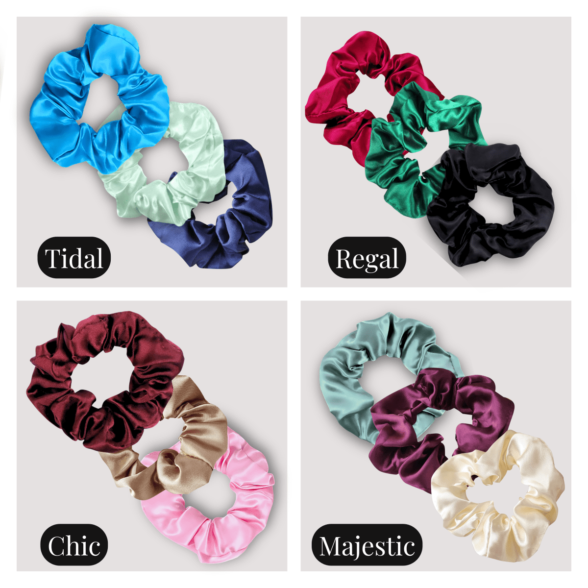 Tidal, Regal, Chic and Majestic three-scrunchie palettes