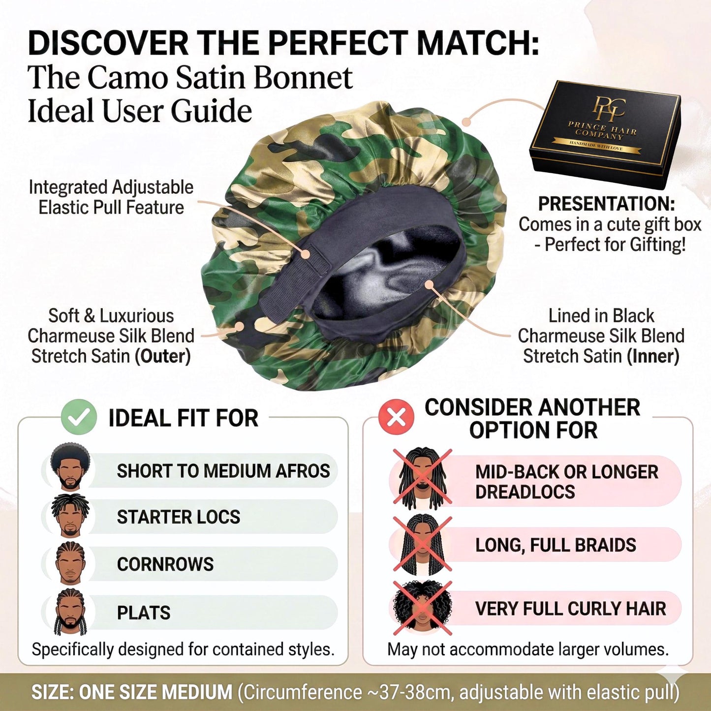 Infographic titled “The Camo Satin Bonnet Ideal User Guide” showing the bonnet, its adjustable elastic pull feature, black inner lining, gift box, and a fit guide for recommended vs. not recommended hairstyles (one size medium, about 37–38 cm, adjustable).