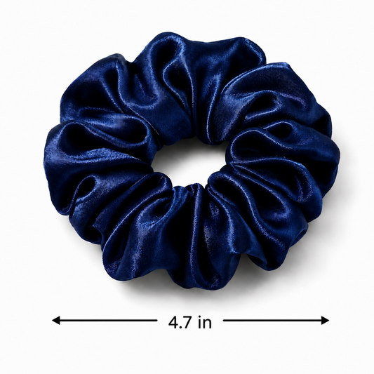 Navy blue oversized satin scrunchie measuring 4.7 inches