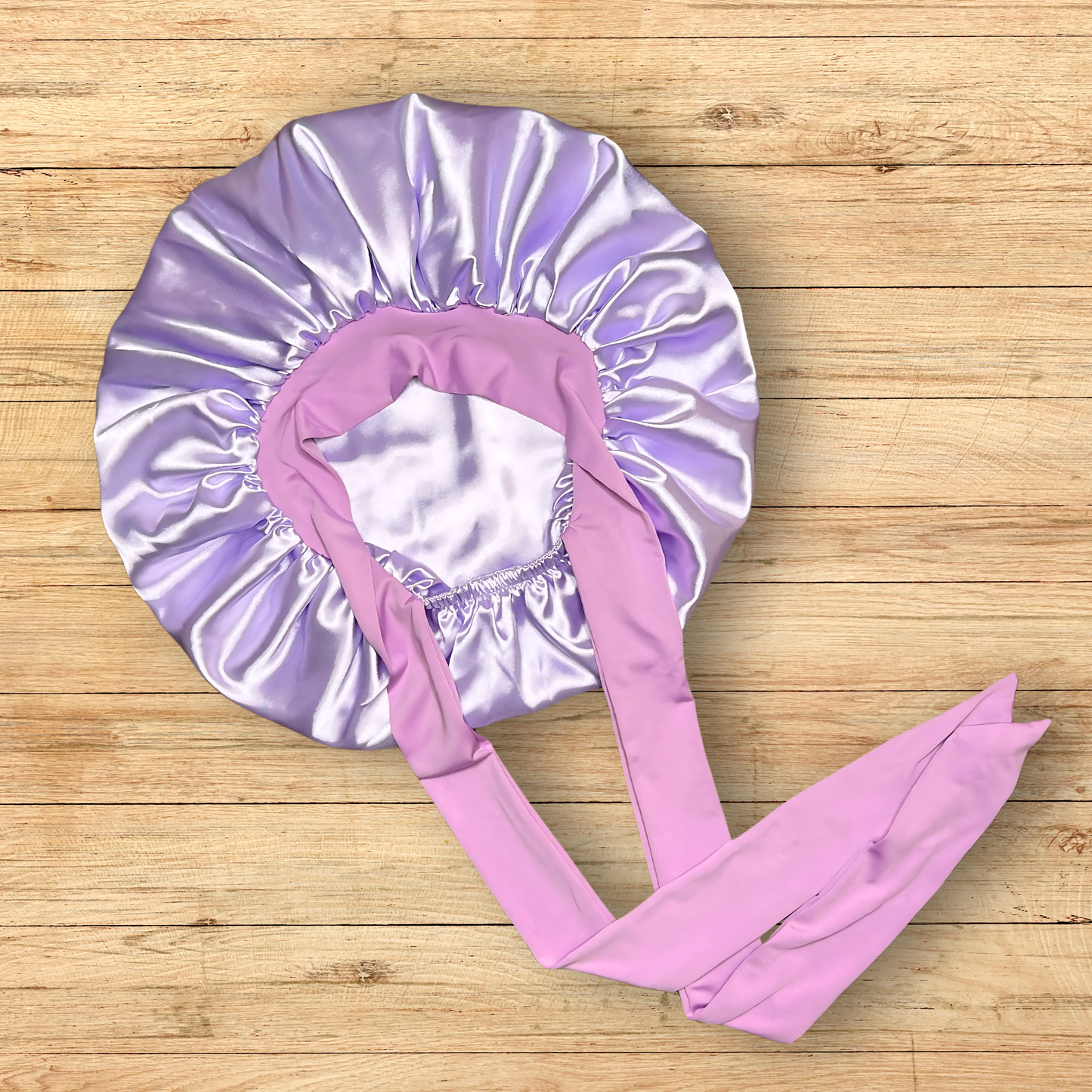 Lavender double lined satin lined bonnet with stretch ties for long, thick, curly hair