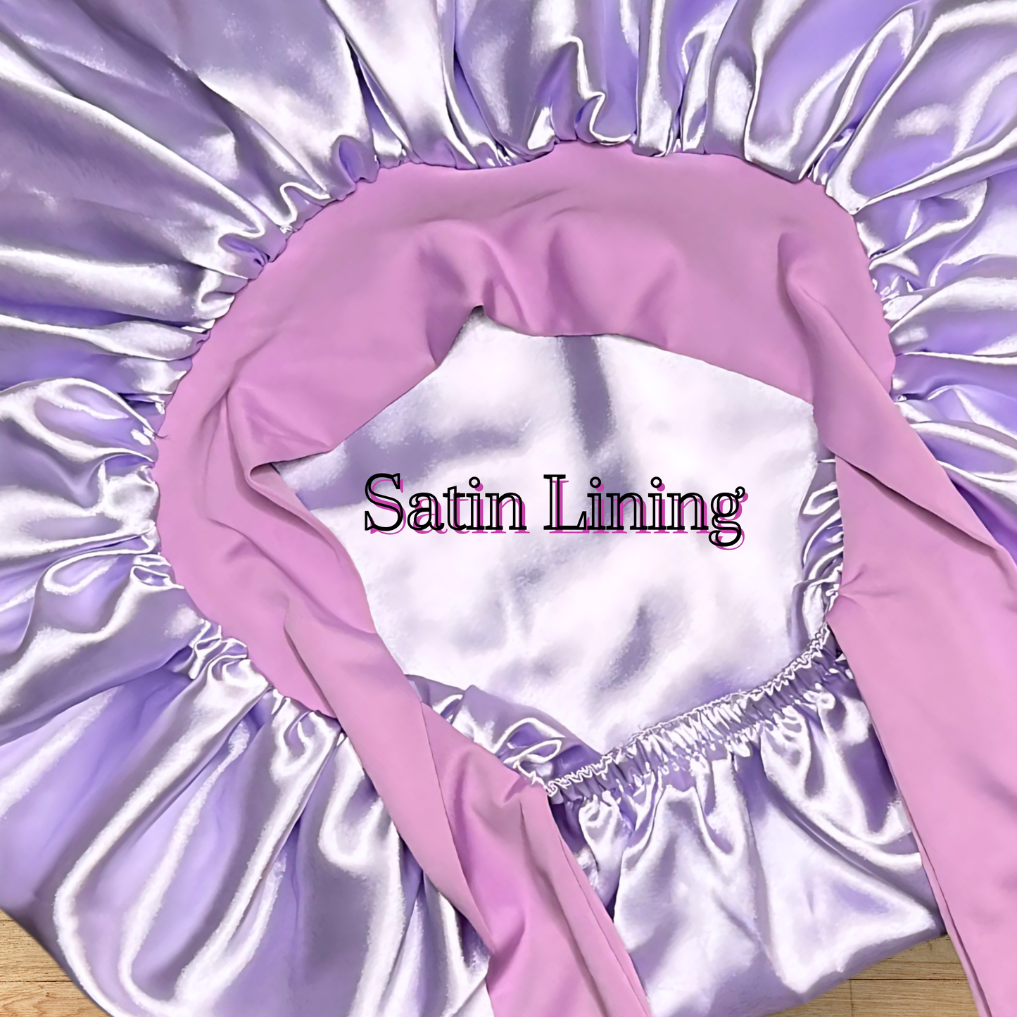Lavender double lined satin lined bonnet with stretch ties for long, thick, curly hair