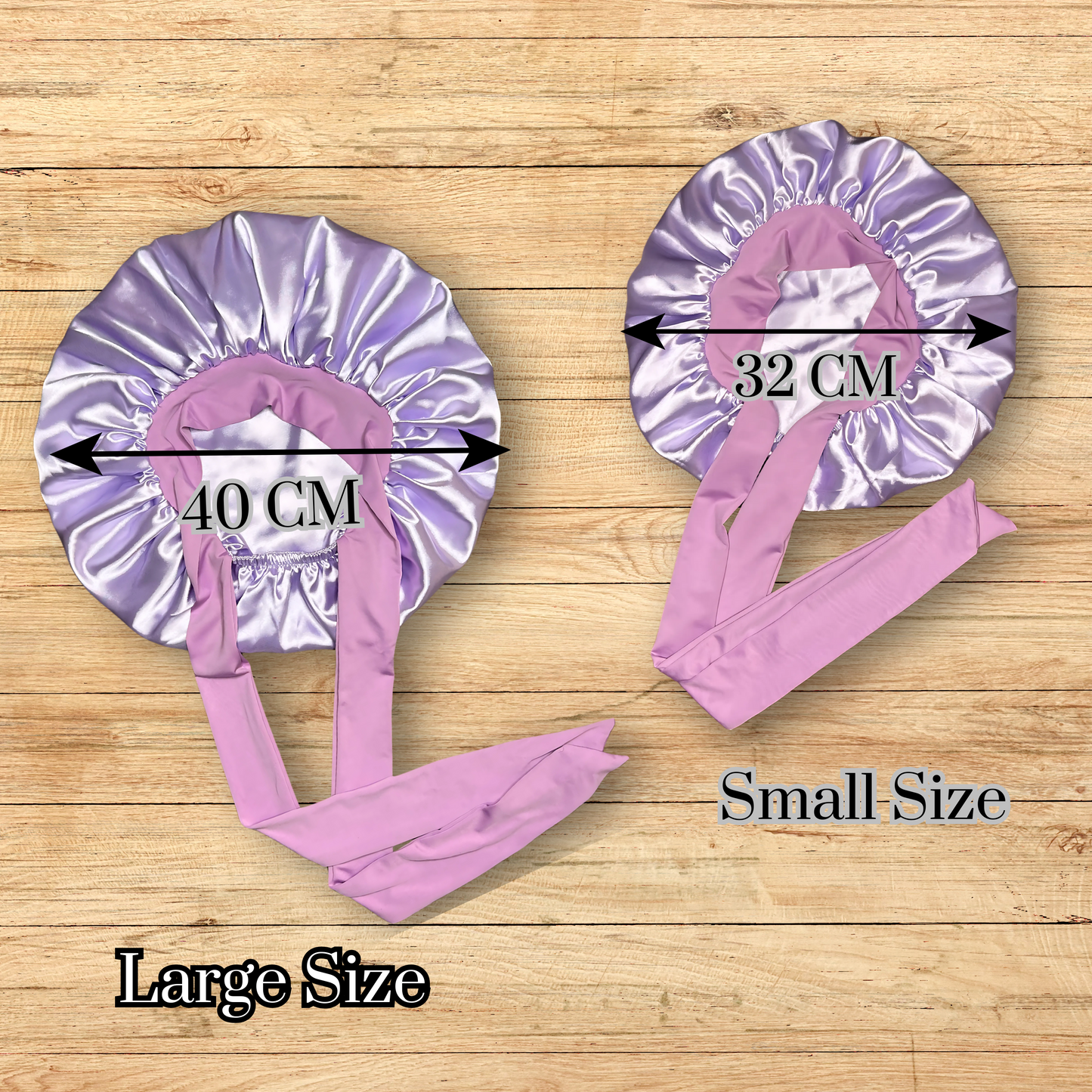 Satin lined stretch tie double layered bonnet in Lavender in 40 cm and 32 cm for long, thick, curly, white people hair