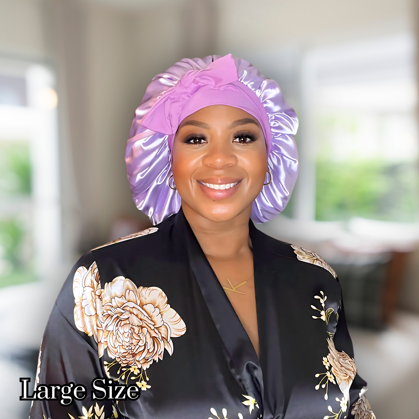 Lavender double lined satin lined bonnet with stretch ties for long, thick, curly hair. good for all hair types. white people bonnet. black hair bonnet