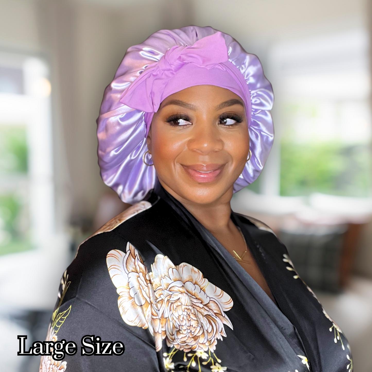 Lavender double lined satin lined bonnet with stretch ties for long, thick, curly hair. good for all hair types. white people bonnet. black hair bonnet