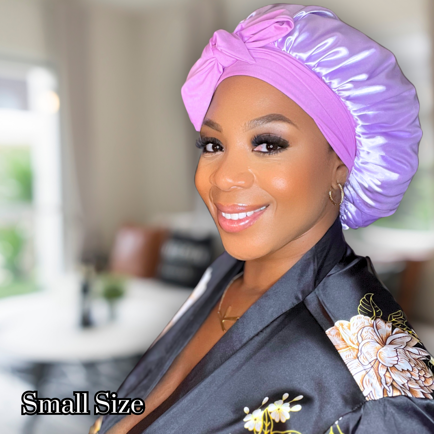 Lavender double lined satin lined bonnet with stretch ties for long, thick, curly hair. good for all hair types. white people bonnet. black hair bonnet