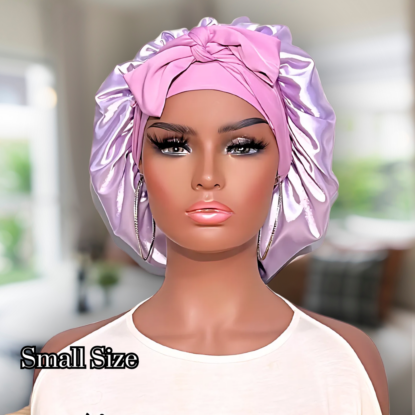 Lavender double lined satin lined bonnet with stretch ties for long, thick, curly hair. good for all hair types. white people bonnet. black hair bonnet
