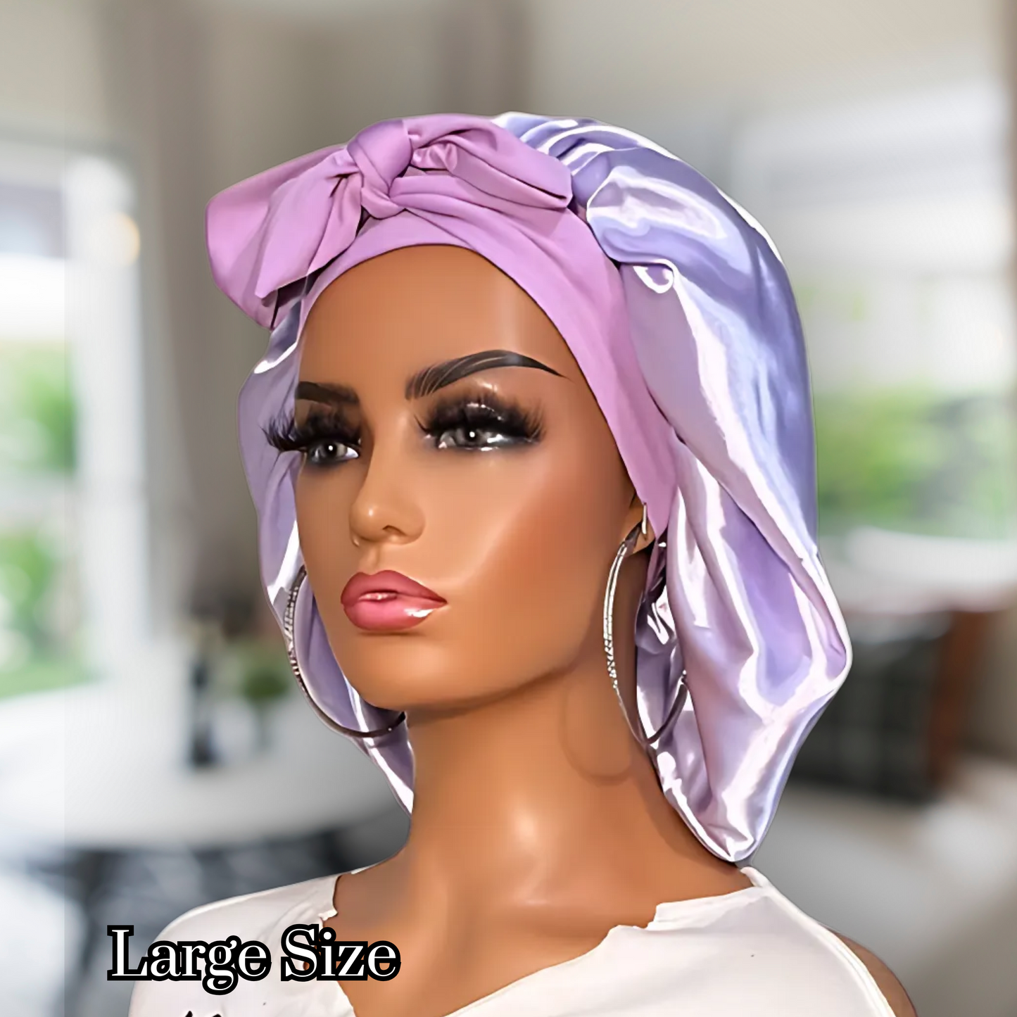 Lavender double lined satin lined bonnet with stretch ties for long, thick, curly hair. good for all hair types. white people bonnet. black hair bonnet