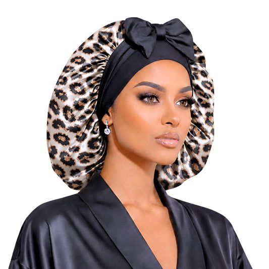 Leopard Original Stretch Tie satin bonnet by Prince Hair Company — adjustable, stays on all night for curls, braids & locs