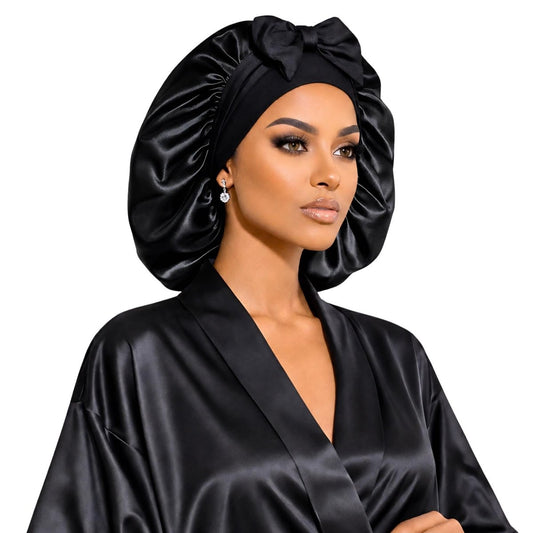 Black Original Stretch Tie satin bonnet by Prince Hair Company — adjustable, stays on all night for curls, braids & locs