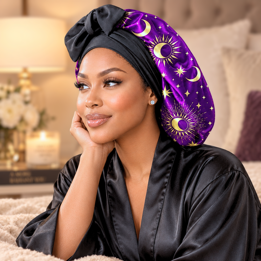Celestial Dream silk-blend satin bonnet with stretch ties, large size – worn in a softly lit bedroom in a black satin robe