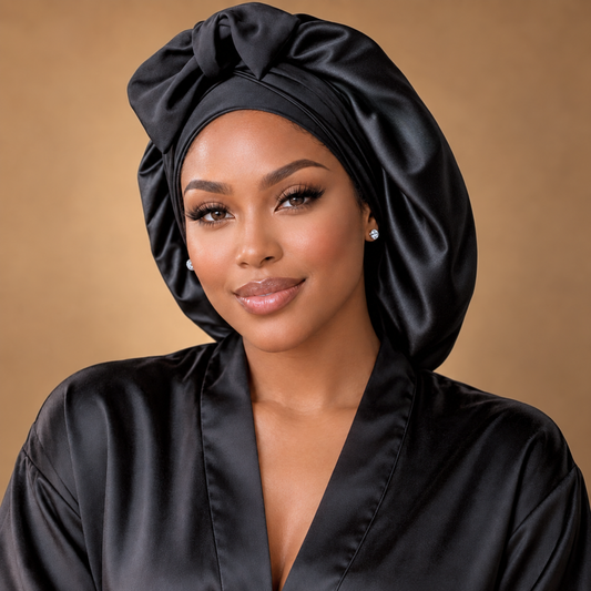 Black silk-blend satin bonnet with stretch ties, large size – front view on a woman in a black satin robe, warm beige backdrop